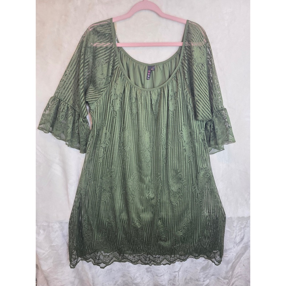 Plus by HS Women 1X Olive Green Lace Bell Sleeve Tunic Top Scoop Neck NWT